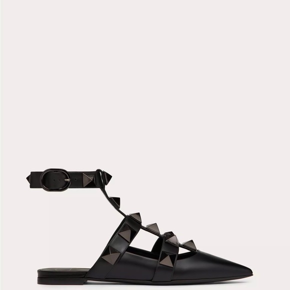 Valentino Shoes - Valentino Black Leather Rockstud Ankle-Strap Pointed Flats